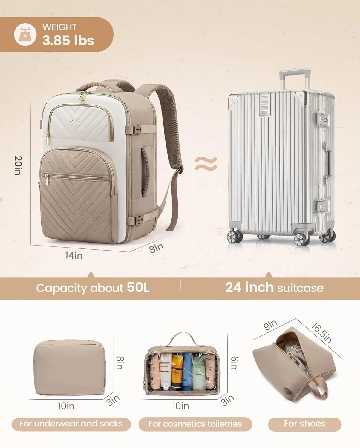 LOVEVOOK Travel Backpack Carry on Flight Approved 50L,Waterproof TSA Travel Essentials Personal Item Backpack for Women Men,Large Carry on Luggage Suitcase Travel Bag for Airplane with 3 Packing Cubes