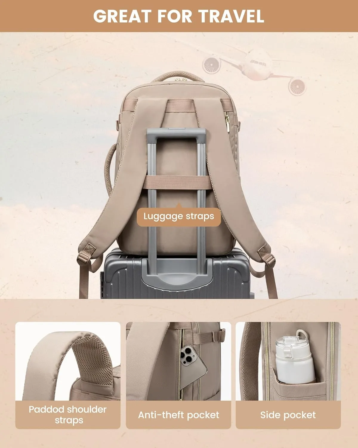 LOVEVOOK Travel Backpack Carry on Flight Approved 50L,Waterproof TSA Travel Essentials Personal Item Backpack for Women Men,Large Carry on Luggage Suitcase Travel Bag for Airplane with 3 Packing Cubes