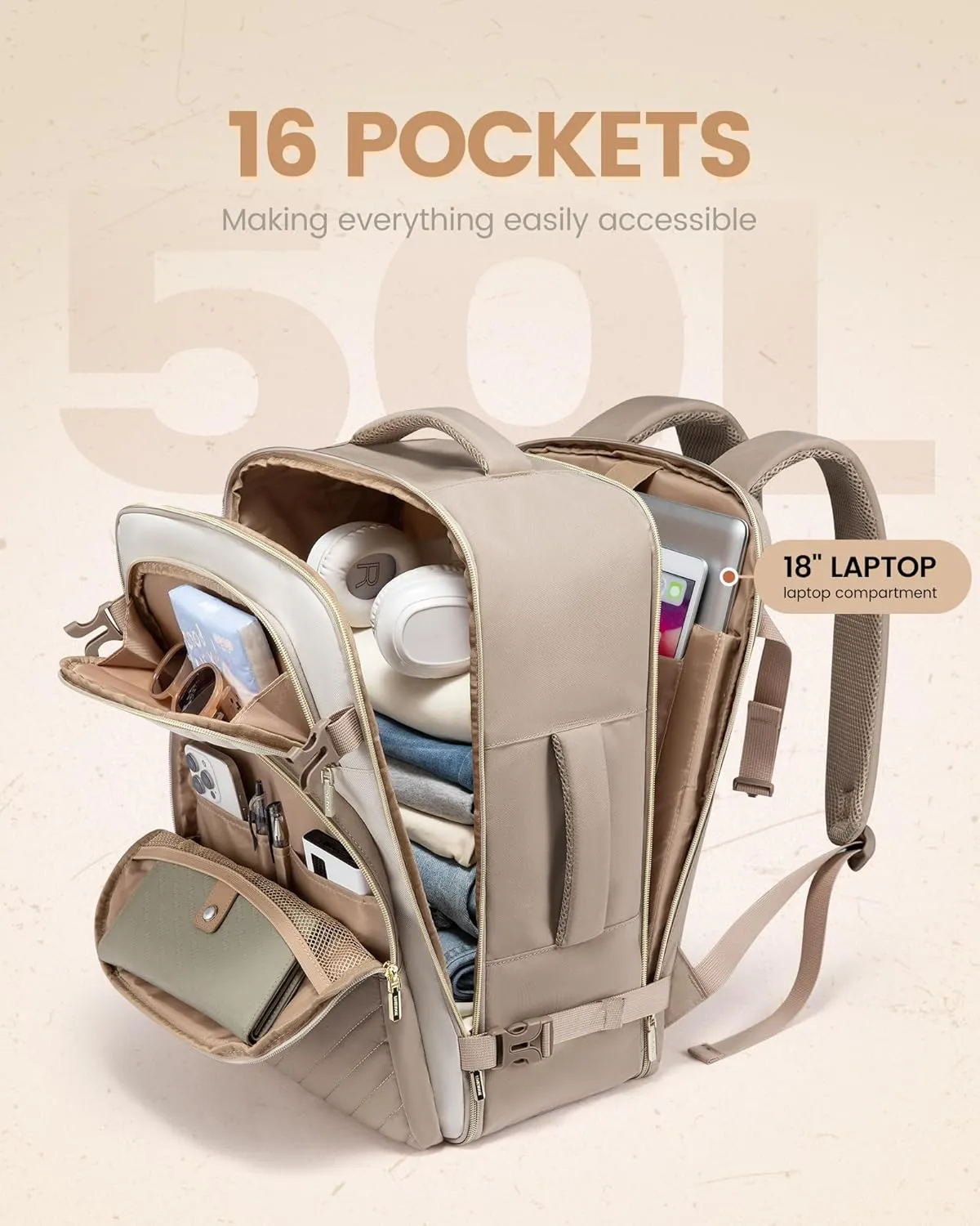 LOVEVOOK Travel Backpack Carry on Flight Approved 50L,Waterproof TSA Travel Essentials Personal Item Backpack for Women Men,Large Carry on Luggage Suitcase Travel Bag for Airplane with 3 Packing Cubes