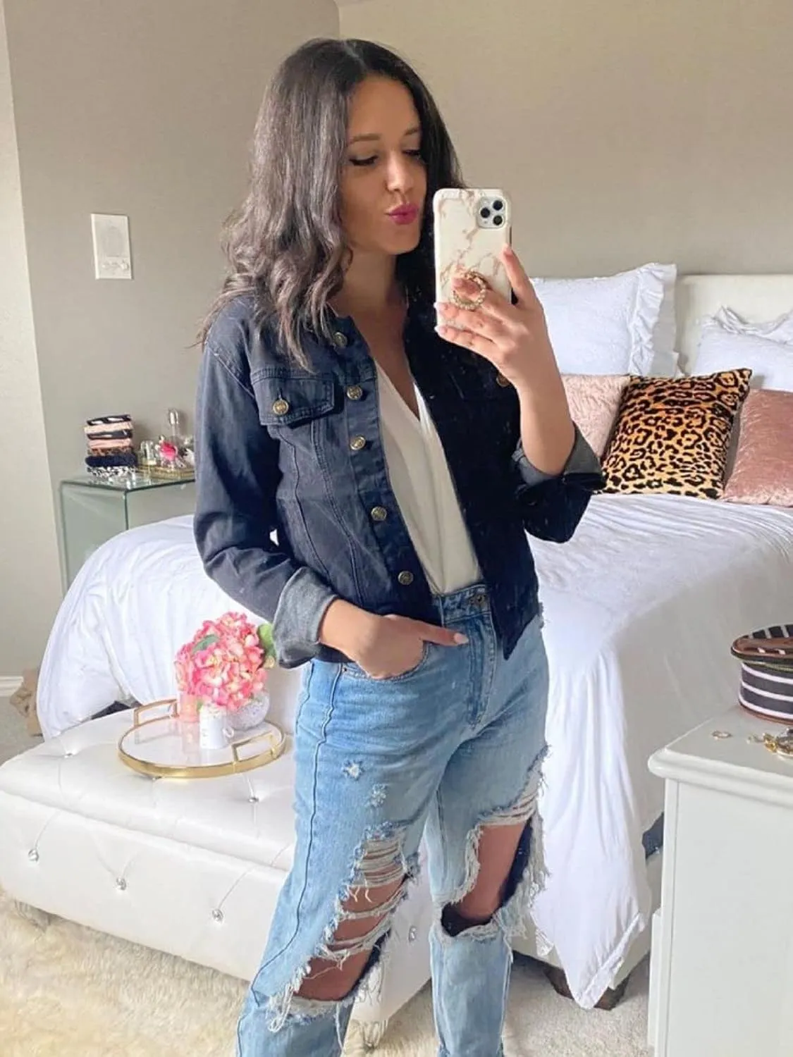 luvamia Women's Basic Button Down Stretch Fitted Long Sleeves Denim Jean Jacket