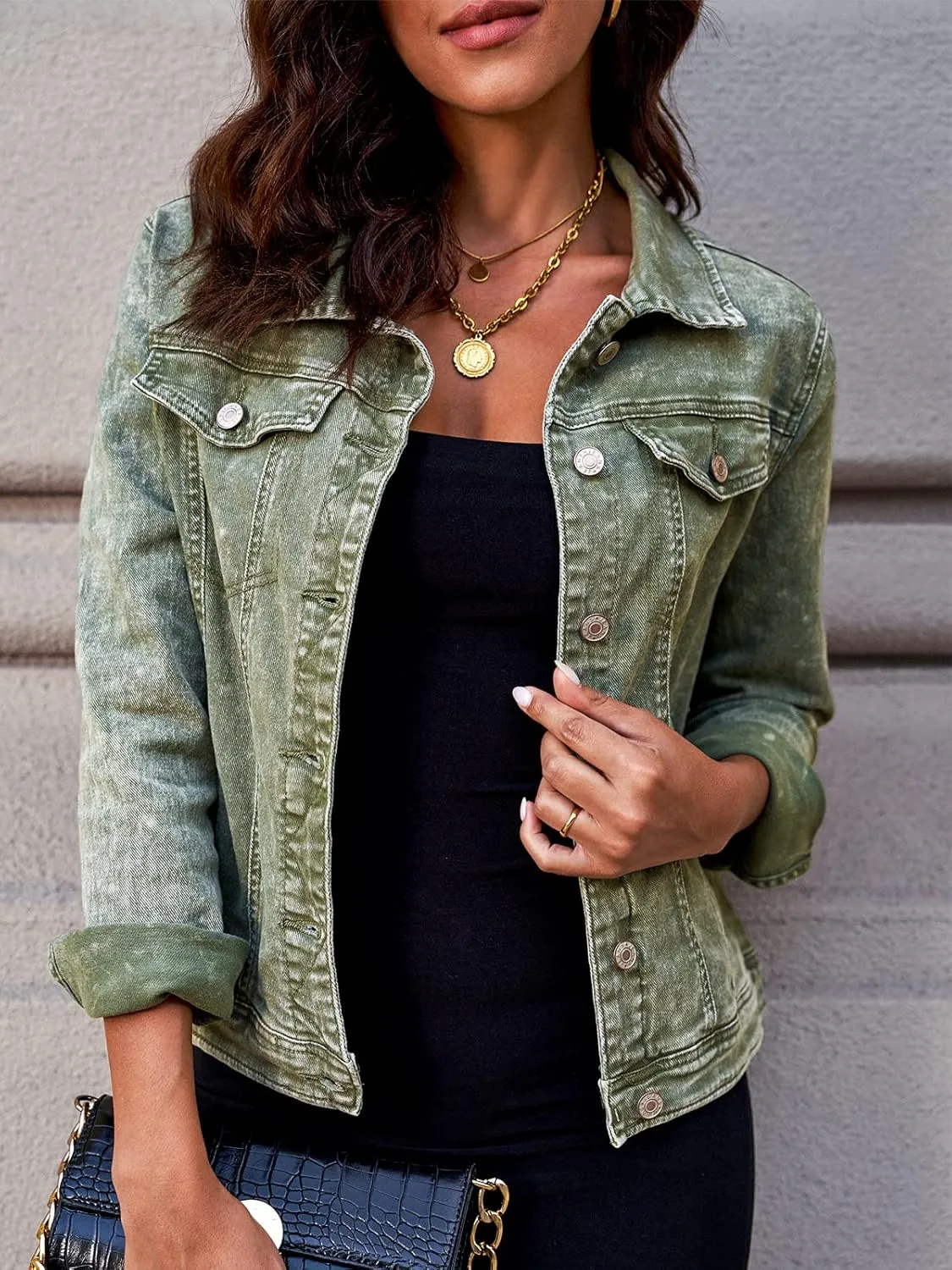 luvamia Women's Basic Button Down Stretch Fitted Long Sleeves Denim Jean Jacket