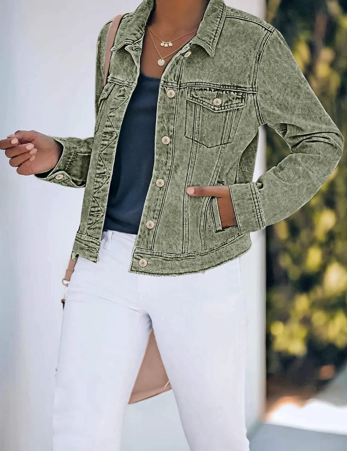 luvamia Women's Basic Button Down Stretch Fitted Long Sleeves Denim Jean Jacket