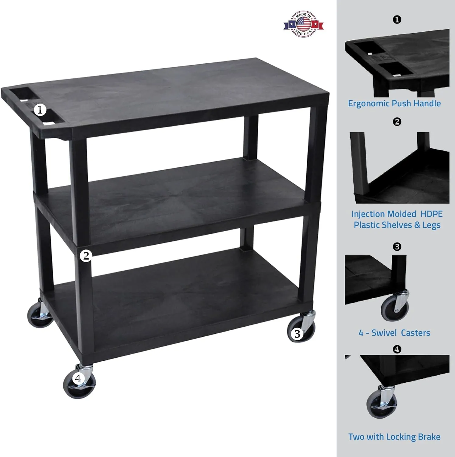 Luxor EC222-B Multipurpose Utility Cart, 32" x 18", 1.62" Thick Flat Shelves, Ergonomic Push Handle, 4" Full-swivel Casters, Locking Brake, 300 lbs Max Capacity, Black
