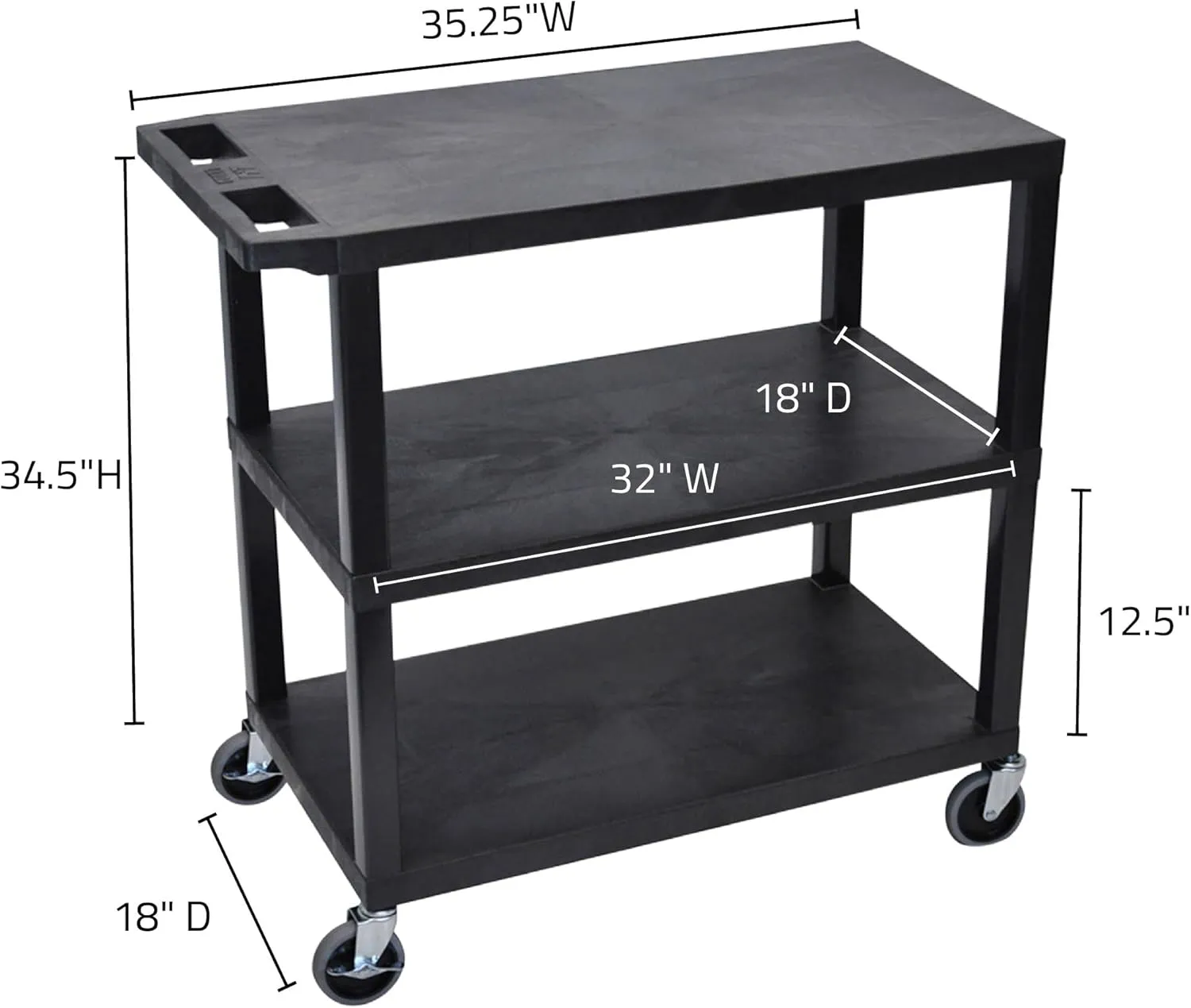 Luxor EC222-B Multipurpose Utility Cart, 32" x 18", 1.62" Thick Flat Shelves, Ergonomic Push Handle, 4" Full-swivel Casters, Locking Brake, 300 lbs Max Capacity, Black