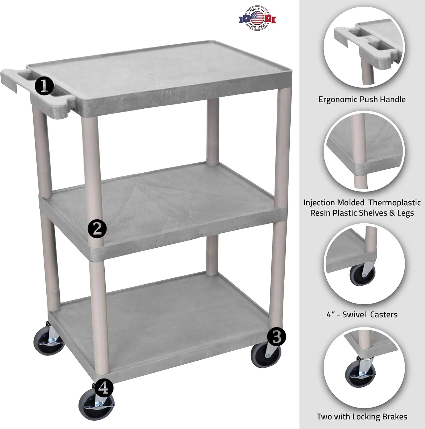 Luxor Multipurpose Storage Utility Cart 3 Shelves Structural Foam Plastic - Gray