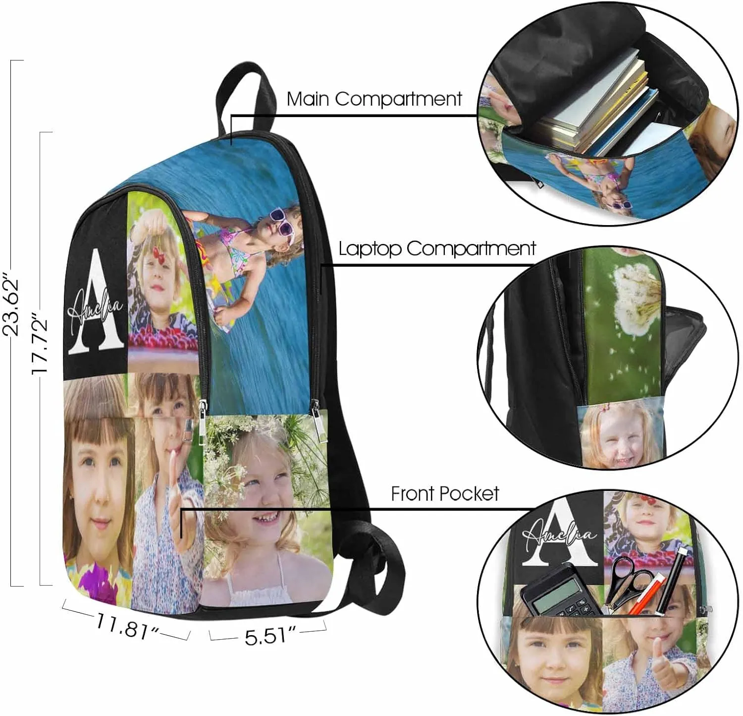 M YESCUSTOM Customized Girls Scoolbag with Name Personalized Picture Kid Backpack Book Bag for Kindergarten Elementary Middle School Back Casual Bookbags for Back to School Travel Picnic