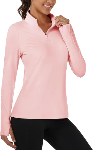 MAGCOMSEN Women's Running Shirts Quarter Zip Fleece Pullover Long Sleeve Thumb Hole Tee Athletic Workout Tops