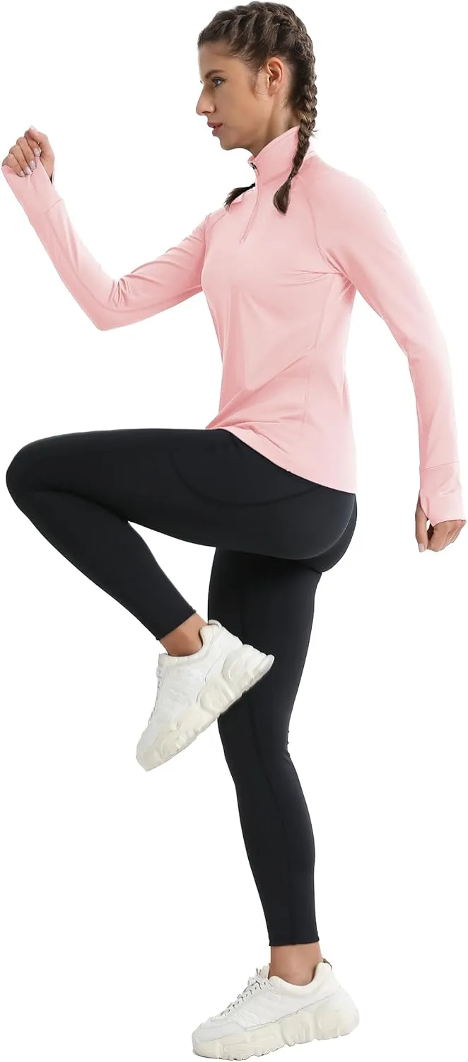 MAGCOMSEN Women's Running Shirts Quarter Zip Fleece Pullover Long Sleeve Thumb Hole Tee Athletic Workout Tops