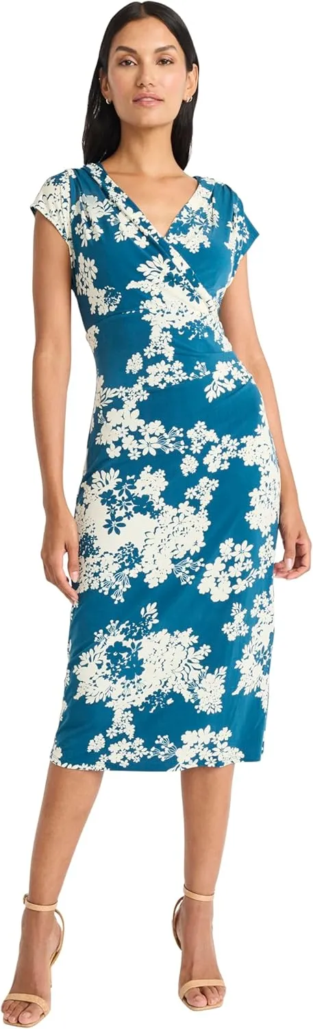 Maggy London Floral Midi Dress with V-Neck and Cap Sleeves-Elegant Summer Casual Wear for Women