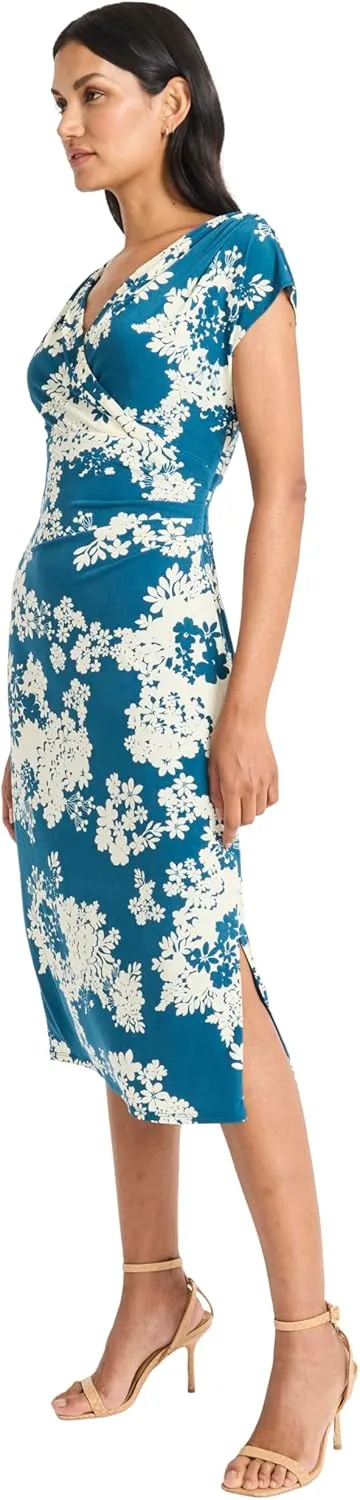 Maggy London Floral Midi Dress with V-Neck and Cap Sleeves-Elegant Summer Casual Wear for Women