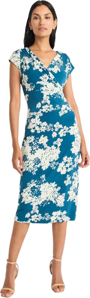 Maggy London Floral Midi Dress with V-Neck and Cap Sleeves-Elegant Summer Casual Wear for Women
