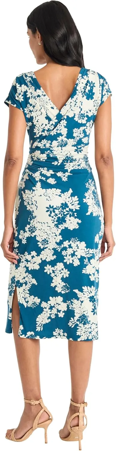 Maggy London Floral Midi Dress with V-Neck and Cap Sleeves-Elegant Summer Casual Wear for Women
