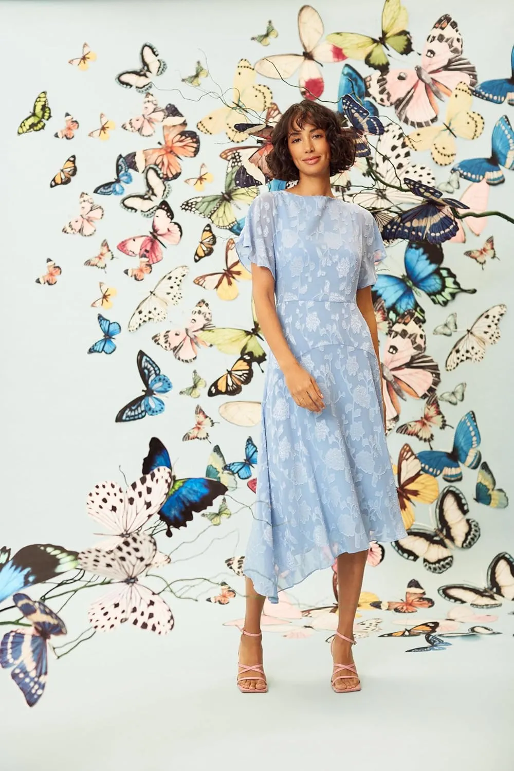 Maggy London Flutter Sleeve Burnout Midi Semi Formal Wedding Guest Dresses for Women