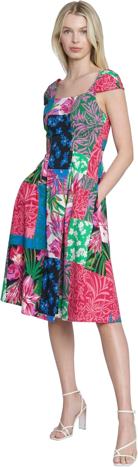 Maggy London Square Neck Cap Sleeves Smocked Waistband Summer Casual Womens Dresses