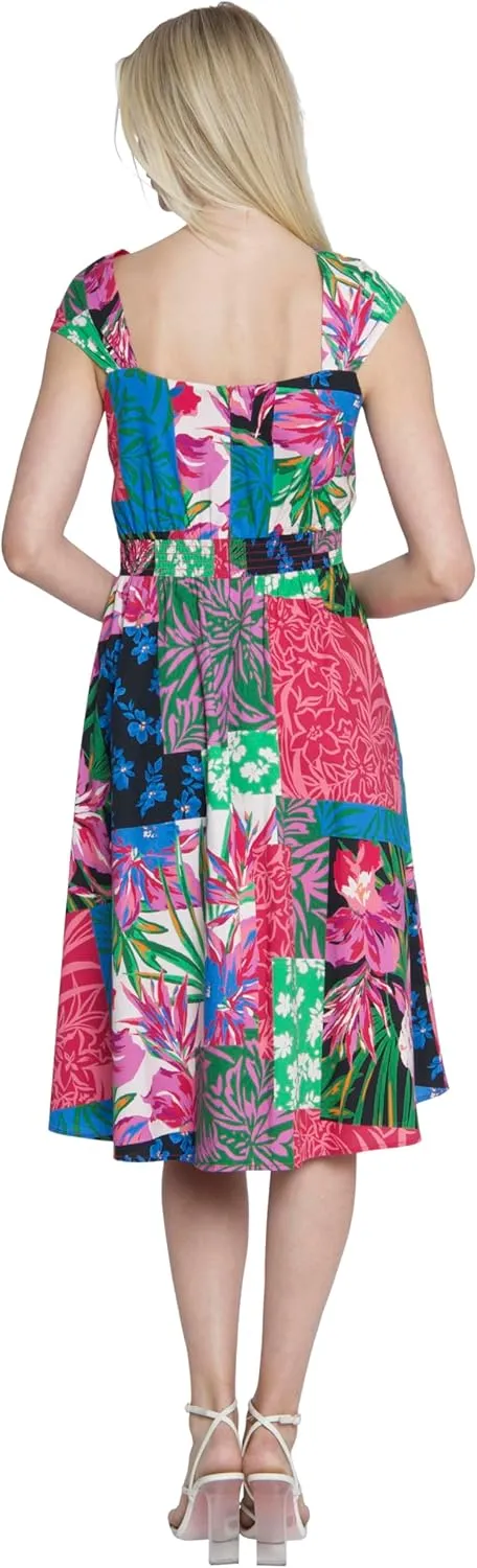 Maggy London Square Neck Cap Sleeves Smocked Waistband Summer Casual Womens Dresses