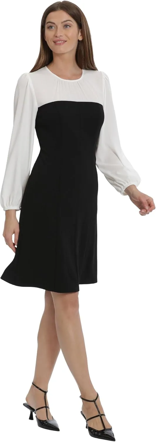 Maggy London Women's Crepe Fit and Flare with Contrast Yoke and Sleeves Event Occasion Party Guest of