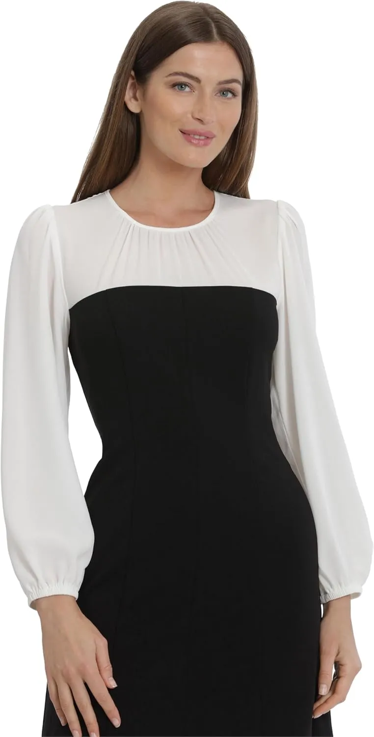 Maggy London Women's Crepe Fit and Flare with Contrast Yoke and Sleeves Event Occasion Party Guest of