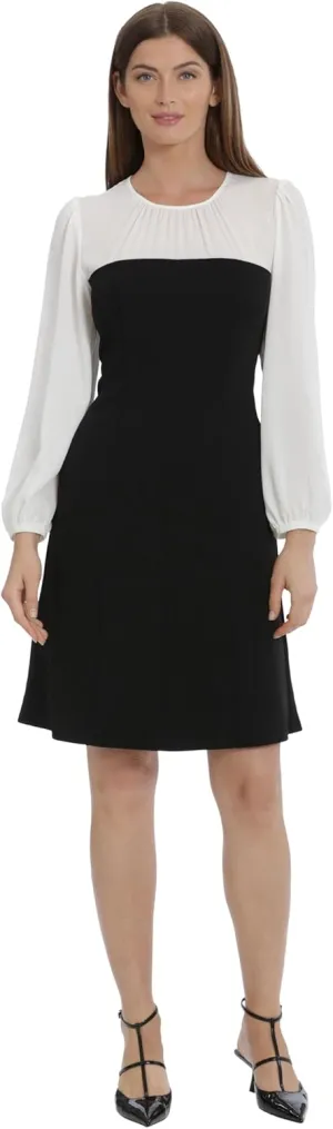 Maggy London Women's Crepe Fit and Flare with Contrast Yoke and Sleeves Event Occasion Party Guest of