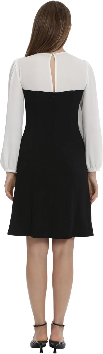 Maggy London Women's Crepe Fit and Flare with Contrast Yoke and Sleeves Event Occasion Party Guest of