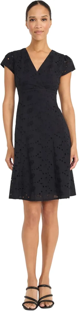 Maggy London Women's Eyelet Fit and Flare Cap Sleeve V-Neck-Knee Length Special Occasion Cocktail Dress