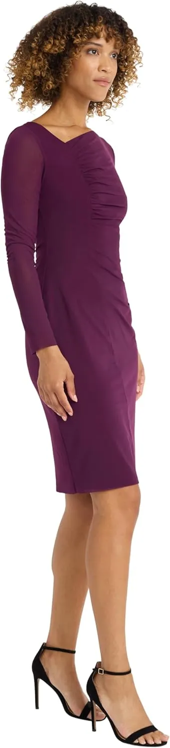 Maggy London Women's Long Dress with Sheer Mesh Sleeves for Wedding Guest, Funeral, and Work