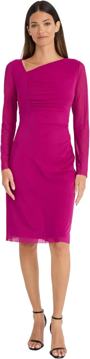 Maggy London Women's Long Dress with Sheer Mesh Sleeves for Wedding Guest, Funeral, and Work