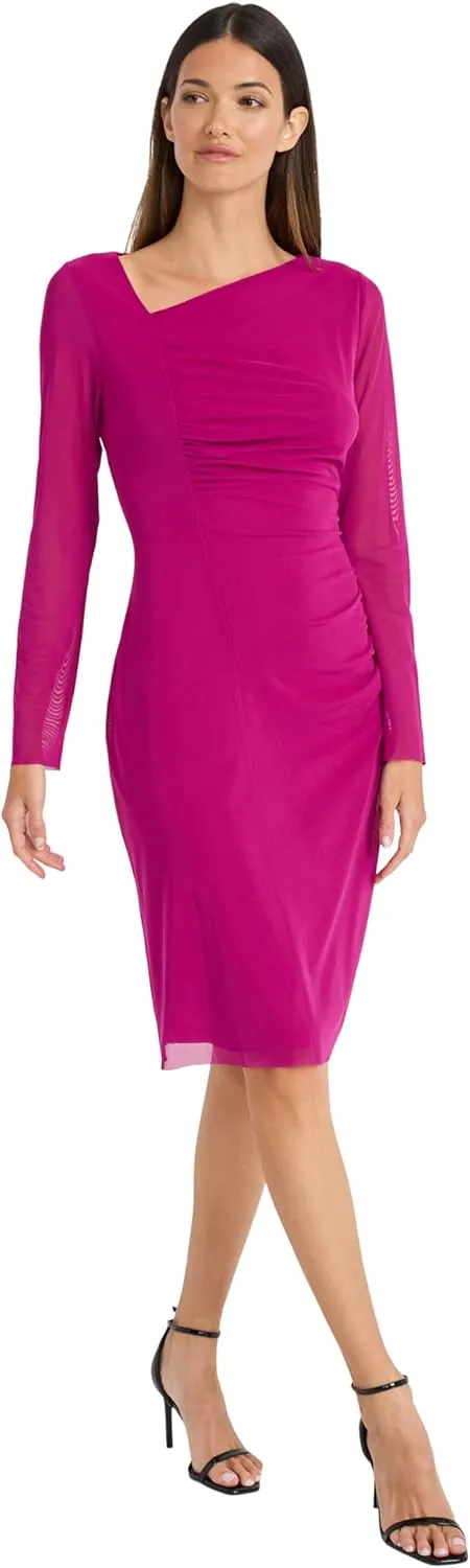 Maggy London Women's Long Dress with Sheer Mesh Sleeves for Wedding Guest, Funeral, and Work