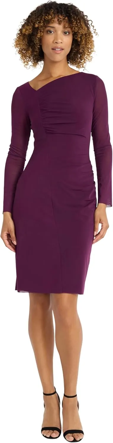 Maggy London Women's Long Dress with Sheer Mesh Sleeves for Wedding Guest, Funeral, and Work