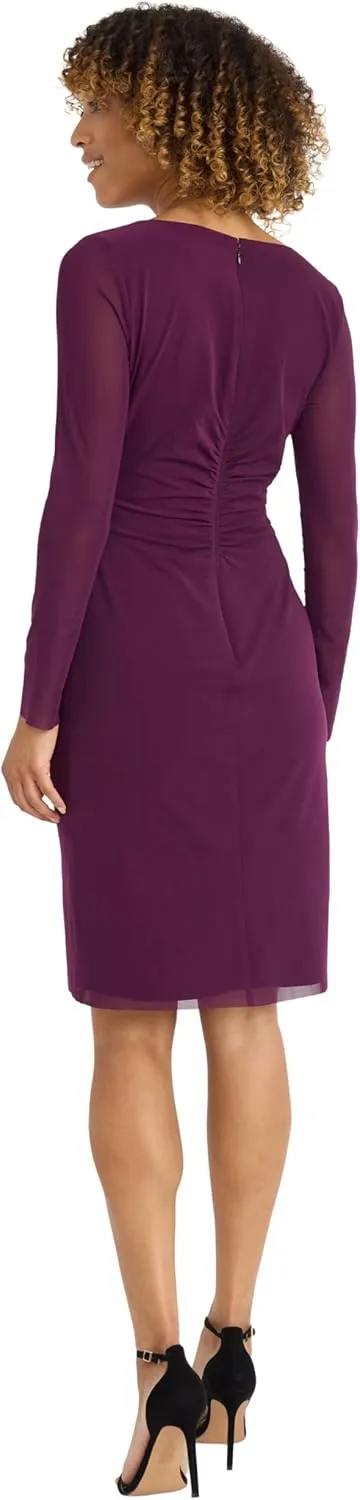 Maggy London Women's Long Dress with Sheer Mesh Sleeves for Wedding Guest, Funeral, and Work