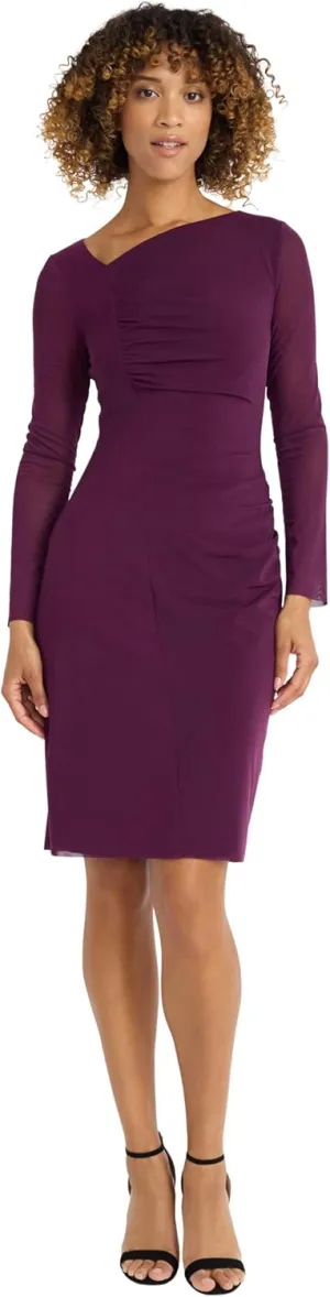 Maggy London Women's Long Dress with Sheer Mesh Sleeves for Wedding Guest, Funeral, and Work