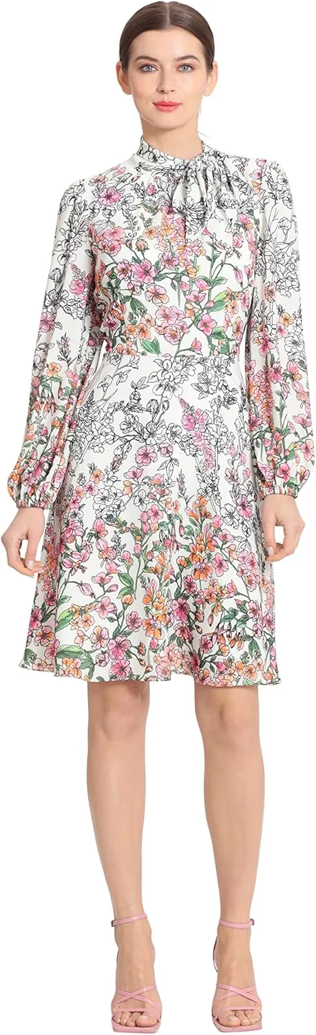 Maggy London Women's Long Sleeve Dress with Mock Neck with Tie