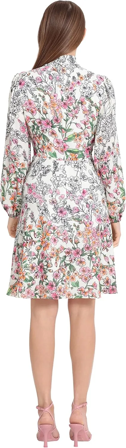 Maggy London Women's Long Sleeve Dress with Mock Neck with Tie