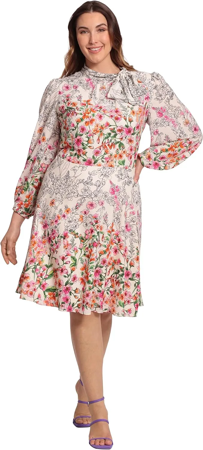 Maggy London Women's Long Sleeve Dress with Mock Neck with Tie