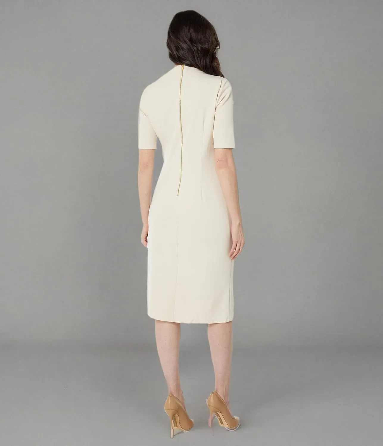 Maggy London Women's Side Pleat Dress with Asymmetric Neck and Elbow Sleeves