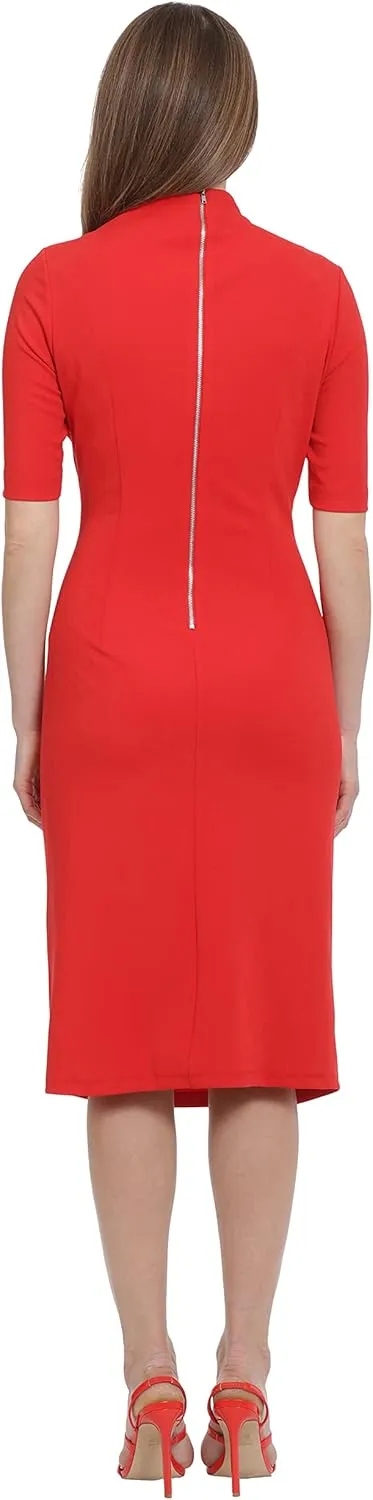 Maggy London Women's Side Pleat Dress with Asymmetric Neck and Elbow Sleeves