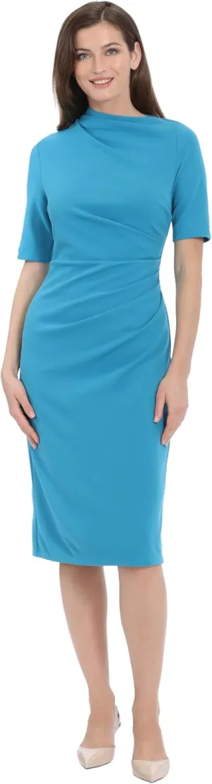 Maggy London Women's Side Pleat Dress with Asymmetric Neck and Elbow Sleeves