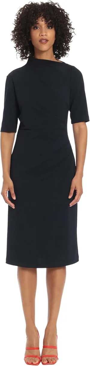 Maggy London Women's Side Pleat Dress with Asymmetric Neck and Elbow Sleeves
