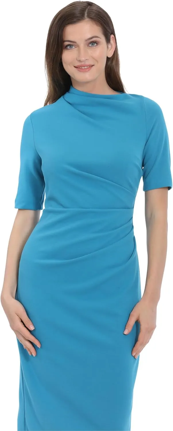 Maggy London Women's Side Pleat Dress with Asymmetric Neck and Elbow Sleeves