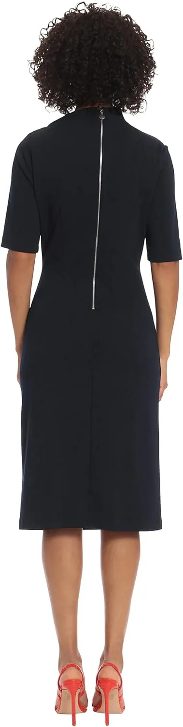 Maggy London Women's Side Pleat Dress with Asymmetric Neck and Elbow Sleeves