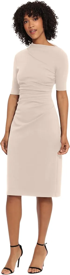 Maggy London Women's Side Pleat Dress with Asymmetric Neck and Elbow Sleeves