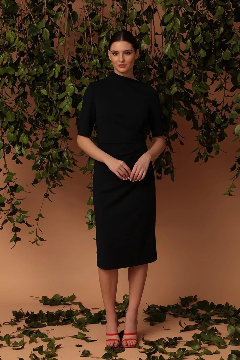 Maggy London Women's Side Pleat Dress with Asymmetric Neck and Elbow Sleeves