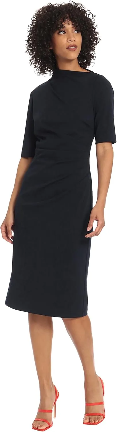 Maggy London Women's Side Pleat Dress with Asymmetric Neck and Elbow Sleeves