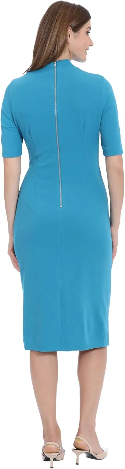 Maggy London Women's Side Pleat Dress with Asymmetric Neck and Elbow Sleeves