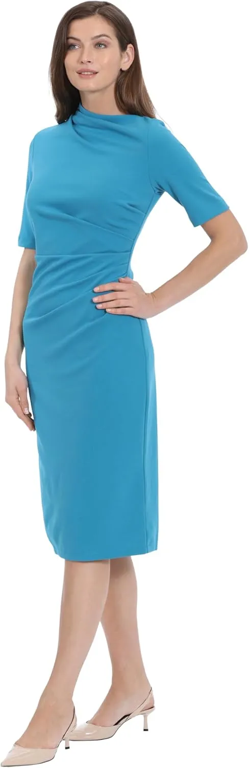 Maggy London Women's Side Pleat Dress with Asymmetric Neck and Elbow Sleeves