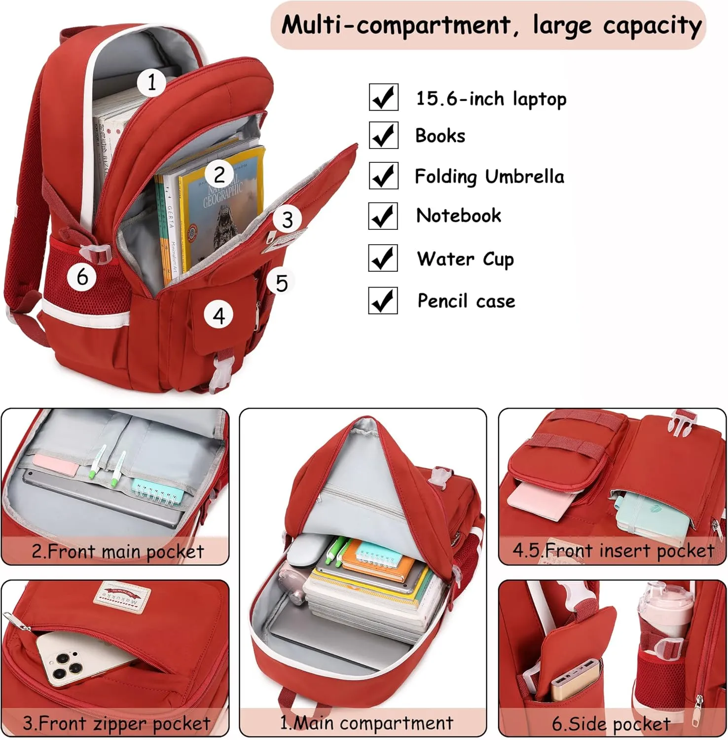 Makukke School Backpacks for Teen Girls - Laptop Backpacks 15.6 Inch College Cute Bookbag Anti Theft Women Casual Daypack,Red