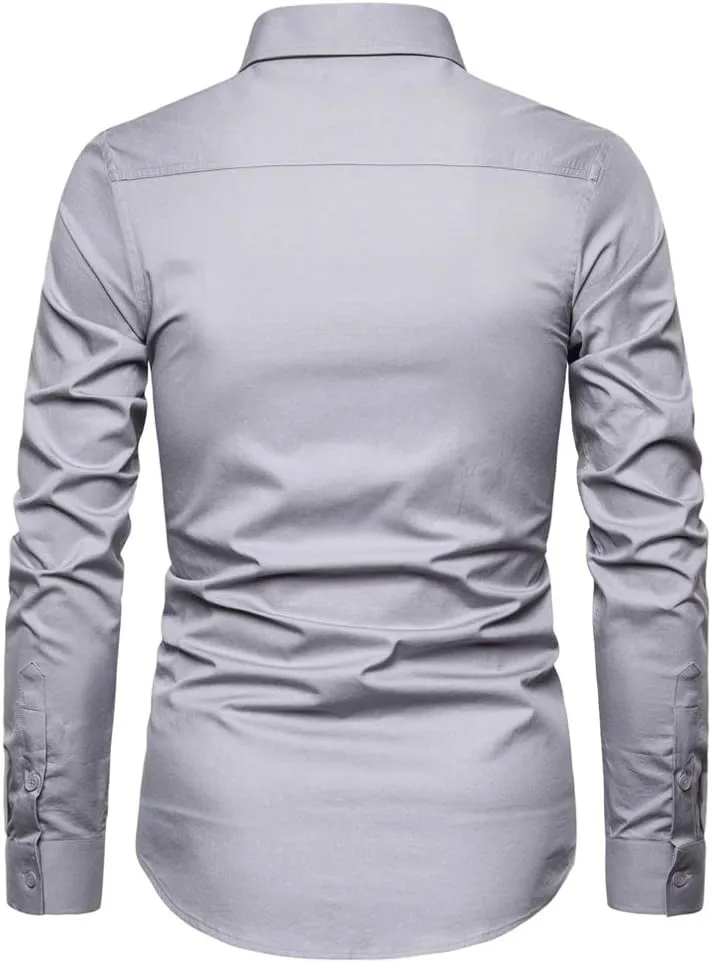 Manwan walk Men's Slim Fit Business Casual Cotton Long Sleeves Solid Button Down Dress Shirts