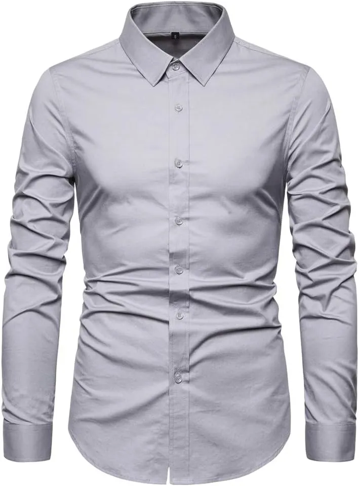Manwan walk Men's Slim Fit Business Casual Cotton Long Sleeves Solid Button Down Dress Shirts