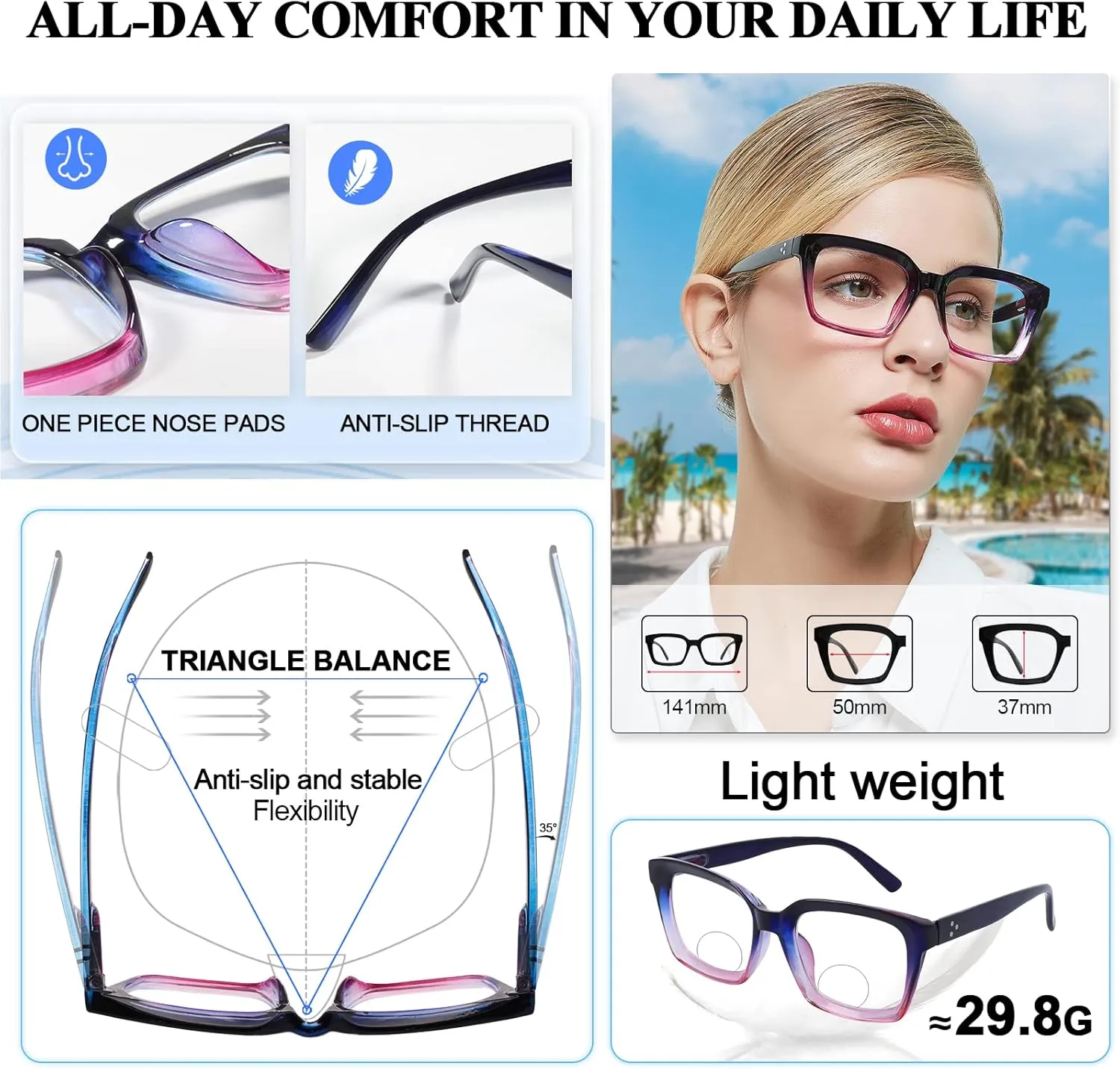 MARE AZZURO No Line Bifocal Reading Glasses Women Oversized Blue Light Blocking Readers 0 1.0 1.5 2.0 2.5 3.0 3.5