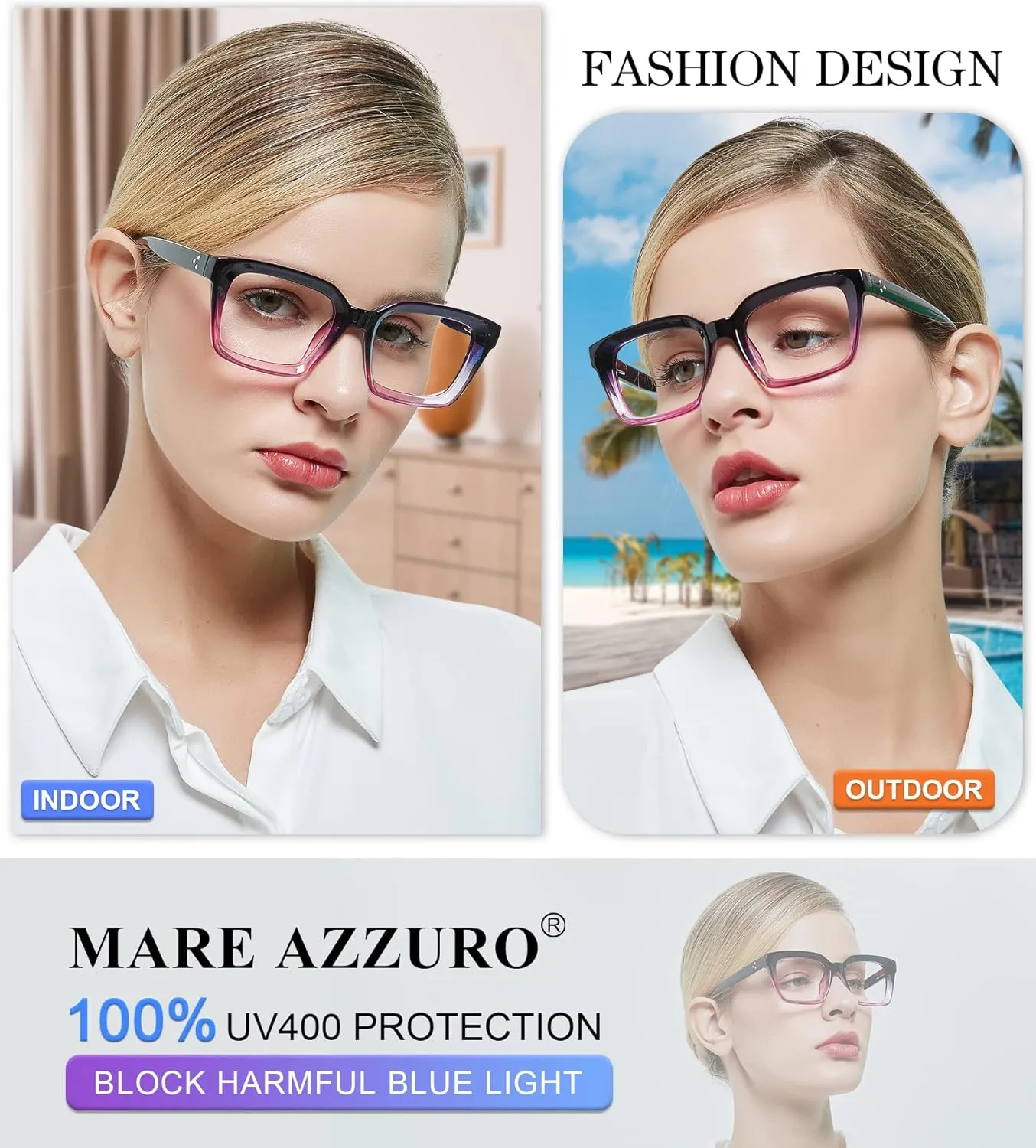 MARE AZZURO No Line Bifocal Reading Glasses Women Oversized Blue Light Blocking Readers 0 1.0 1.5 2.0 2.5 3.0 3.5