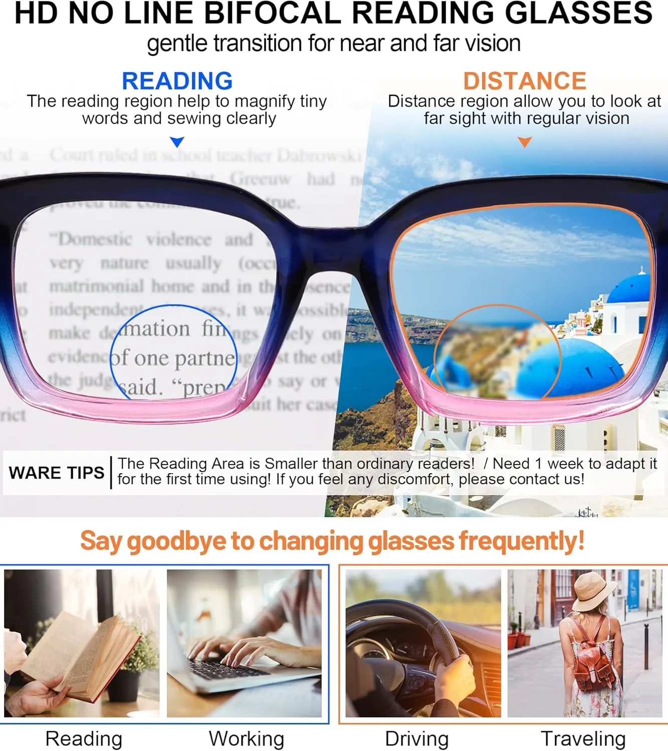 MARE AZZURO No Line Bifocal Reading Glasses Women Oversized Blue Light Blocking Readers 0 1.0 1.5 2.0 2.5 3.0 3.5